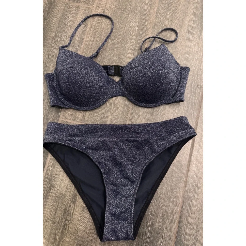 Triangl Mica Riverside Sparkle Bikini Set Navy Blue Metallic Underwire Medium